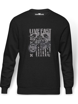 Tshirthane Live Fast Motorsiklet Baskılı Erkek Örme Sweatshirt Uzun Kol