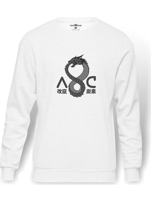 Tshirthane Altered Carbon AC Ejderha Baskılı Beyaz Erkek Örme Sweatshirt Uzun kol