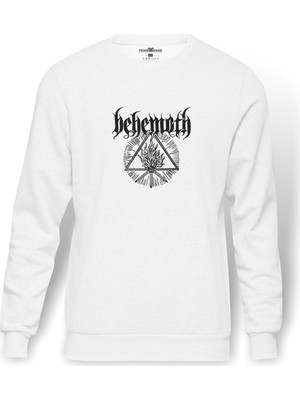 Tshirthane Behemoth Logo Baskılı Beyaz Erkek Örme Sweatshirt Uzun kol