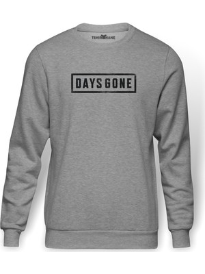 Tshirthane Days Gone Logo Baskılı Gri Melanj Erkek Örme Sweatshirt Uzun kol