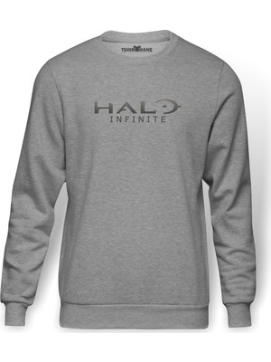 Tshirthane Halo Infinite Logo Baskılı Gri Melanj Erkek Örme Sweatshirt Uzun kol