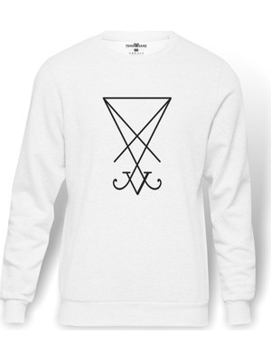 Tshirthane Lucifer Sigil Baskılı Beyaz Erkek Örme Sweatshirt Uzun kol