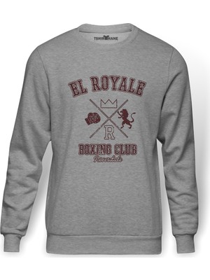 Tshirthane Riverdale El Royale Boxing Eskitme Baskılı Gri Melanj Erkek Örme Sweatshirt Uzun kol