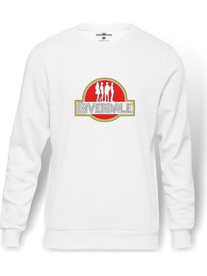 Tshirthane Riverdale Jurassic Park Logo Baskılı Beyaz Erkek Örme Sweatshirt Uzun kol