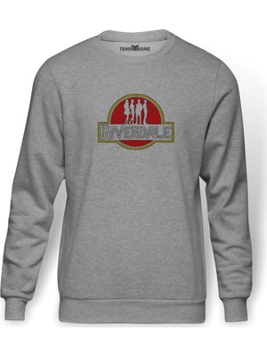 Tshirthane Riverdale Jurassic Park Logo Baskılı Gri Melanj Erkek Örme Sweatshirt Uzun kol
