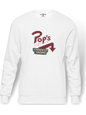 Tshirthane Riverdale Pop's Chock'lit Shoppe 2 Baskılı Beyaz Erkek Örme Sweatshirt Uzun kol