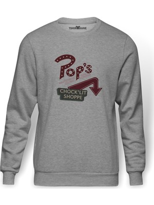 Tshirthane Riverdale Pop's Chock'lit Shoppe 2 Baskılı Gri Melanj Erkek Örme Sweatshirt Uzun kol