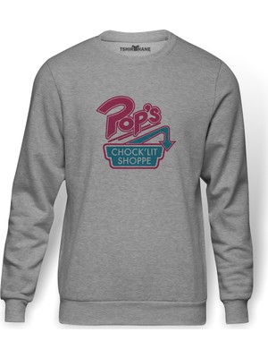 Tshirthane Riverdale Pop's Chock'lit Shoppe Baskılı Gri Melanj Erkek Örme Sweatshirt Uzun kol