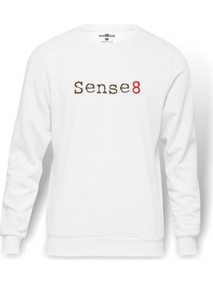 Tshirthane Sense8 Baskılı Beyaz Erkek Örme Sweatshirt Uzun kol