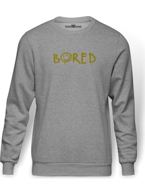 Tshirthane Sherlock Bored Baskılı Gri Melanj Erkek Örme Sweatshirt Uzun kol