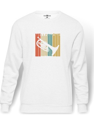 Tshirthane Silhouette Mellophone Vintage Style Baskılı Beyaz Erkek Örme Sweatshirt Uzun kol