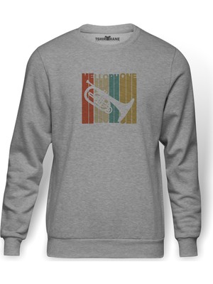 Tshirthane Silhouette Mellophone Vintage Style Baskılı Gri Melanj Erkek Örme Sweatshirt Uzun kol