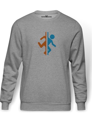 Tshirthane Silhouette Portal Baskılı Gri Melanj Erkek Örme Sweatshirt Uzun kol
