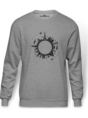 Tshirthane Silhouette Travel Globalization 2 Baskılı Gri Melanj Erkek Örme Sweatshirt Uzun kol