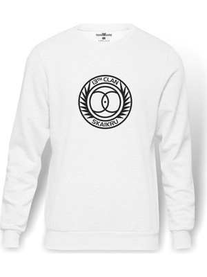 Tshirthane The100 13th Clan Skaikru Baskılı Beyaz Erkek Örme Sweatshirt Uzun kol