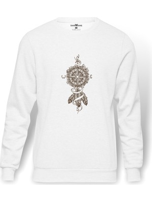 Tshirthane Dreamcatcher Pusula Baskılı Beyaz Erkek Örme Sweatshirt Uzun kol