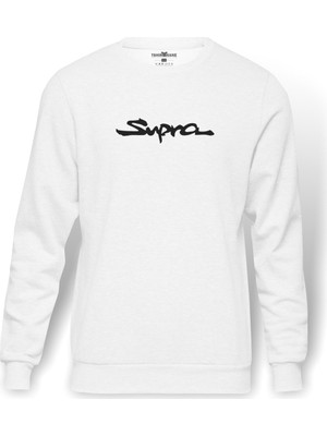 Tshirthane Araba Supra Logo Baskılı Beyaz Erkek Örme Sweatshirt Uzun kol