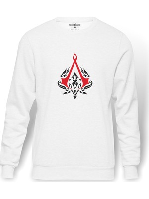 Tshirthane Assassin's Creed 2 Baskılı Beyaz Erkek Örme Sweatshirt Uzun kol