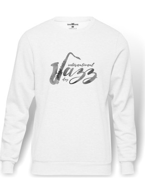 Tshirthane International Jazz Day Saksafon Baskılı Beyaz Erkek Örme Sweatshirt Uzun kol