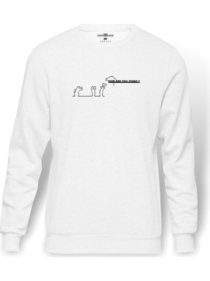 Tshirthane La Linea Trt Cizgi Adam How Baskılı Beyaz Erkek Örme Sweatshirt Uzun kol