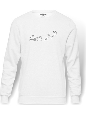 Tshirthane La Linea Trt Cizgi Adam Music Baskılı Beyaz Erkek Örme Sweatshirt Uzun kol