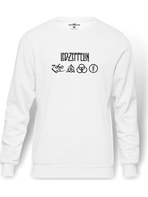 Tshirthane Led Zeppelin Sembol Siyah Baskılı Beyaz Erkek Örme Sweatshirt Uzun kol