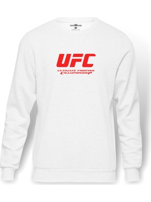 Tshirthane Ufc Logo Baskılı Beyaz Erkek Örme Sweatshirt Uzun kol