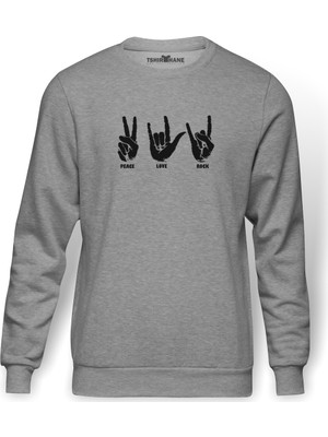 Tshirthane Peace Love Rock Baskılı Gri Melanj Erkek Örme Sweatshirt Uzun kol