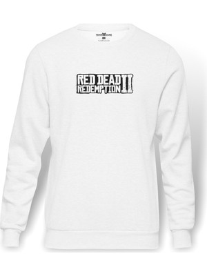 Tshirthane Red Dead Redemption 2 Logo Baskılı Beyaz Erkek Örme Sweatshirt Uzun kol