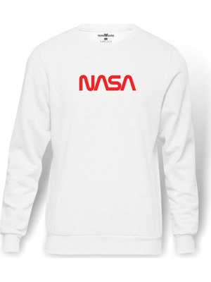 Tshirthane Nasa Kırkızı Baskılı Beyaz Erkek Örme Sweatshirt Uzun kol