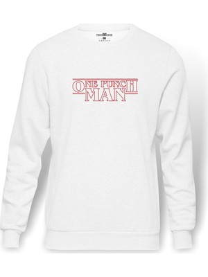 Tshirthane One Punch Man Baskılı Beyaz Erkek Örme Sweatshirt Uzun kol