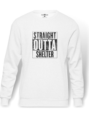 Tshirthane Pubg Straıght Outta Shelter Baskılı Beyaz Erkek Örme Sweatshirt Uzun kol