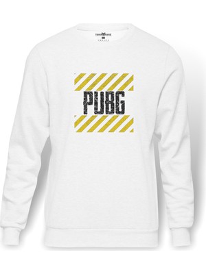 Tshirthane Pubg Baskılı Beyaz Erkek Örme Sweatshirt Uzun kol