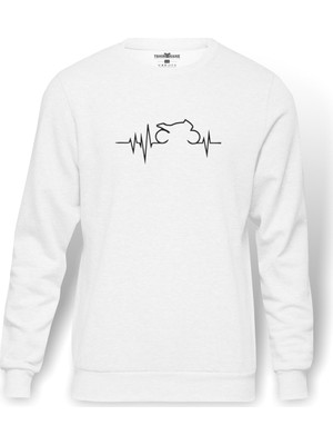 Tshirthane Ritim Motor Siyah Baskılı Beyaz Erkek Örme Sweatshirt Uzun kol