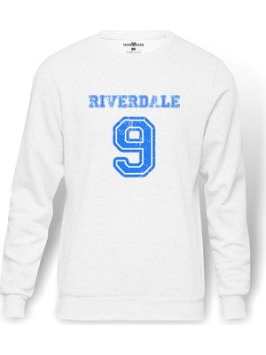 Tshirthane Riverdale 9 Baskılı Beyaz Erkek Örme Sweatshirt Uzun kol