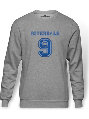Tshirthane Riverdale 9 Baskılı Gri Melanj Erkek Örme Sweatshirt Uzun kol