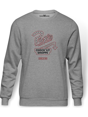 Tshirthane Riverdale Pops Chocklit Shoppe Open Baskılı Gri Melanj Erkek Örme Sweatshirt Uzun kol