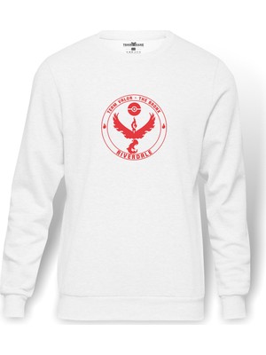 Tshirthane Riverdale Team Volar Pokemon Go Baskılı Beyaz Erkek Örme Sweatshirt Uzun kol