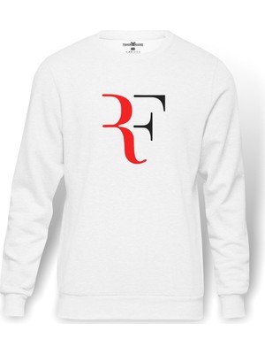 Tshirthane Roger Federer Rf Baskılı Beyaz Erkek Örme Sweatshirt Uzun kol