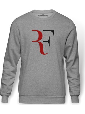Tshirthane Roger Federer Rf Baskılı Gri Melanj Erkek Örme Sweatshirt Uzun kol