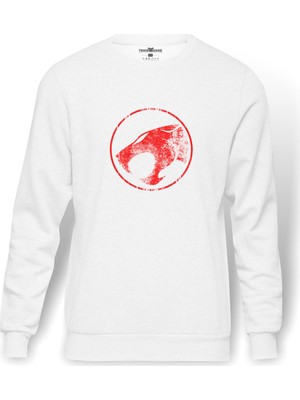 Tshirthane Thundercats Logo Baskılı Beyaz Erkek Örme Sweatshirt Uzun kol