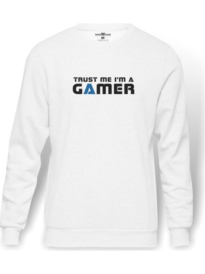 Tshirthane Trusm Me A'm A Gamer Siyah Baskılı Beyaz Erkek Örme Sweatshirt Uzun kol