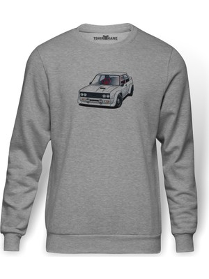 Tshirthane Fiat 131 Abarth Rally Baskılı Gri Melanj Erkek Örme Sweatshirt Uzun kol