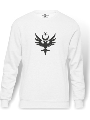 Tshirthane Göktürk Türk Selçuklu Kartalı Baskılı Beyaz Erkek Örme Sweatshirt Uzun kol