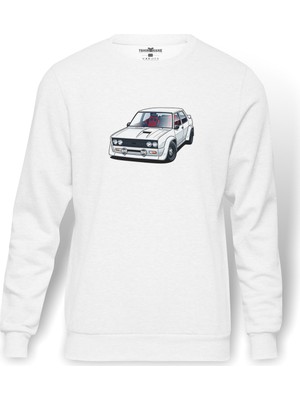 Tshirthane Fiat 131 Abarth Rally Baskılı Beyaz Erkek Örme Sweatshirt Uzun kol