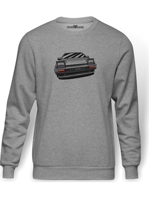 Tshirthane Toyota Trueno AE86 Baskılı Gri Melanj Erkek Örme Sweatshirt Uzun kol