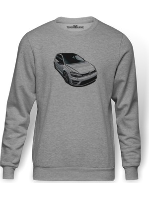 Tshirthane VW Golf R Baskılı Gri Melanj Erkek Örme Sweatshirt Uzun kol