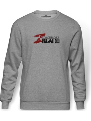 Tshirthane CONQUEROR' BALDE Baskılı Gri Melanj Erkek Örme Sweatshirt Uzun kol