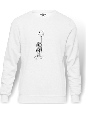 Tshirthane Astronot Uzay Balon Ay Baskılı Beyaz Erkek Örme Sweatshirt Uzun kol