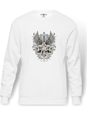 Tshirthane Kafatası Ve Kanatlar Ile Gri Kılıç Baskılı Beyaz Erkek Örme Sweatshirt Uzun kol